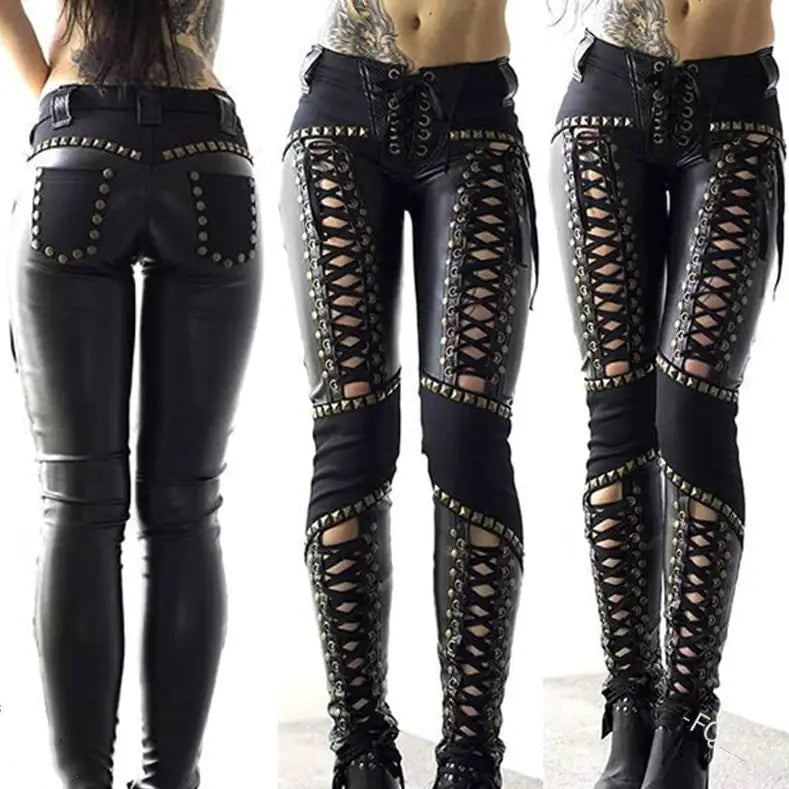 Edgy Leather Strap Skinny Pants