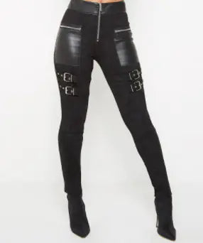 Chic Black Leather Stitched Trousers