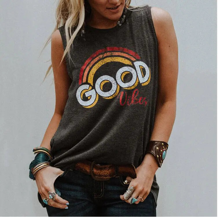 Rainbow Script Sleeveless Cotton Top