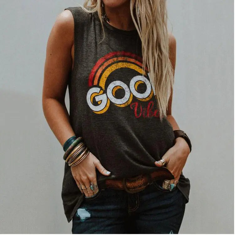 Rainbow Script Sleeveless Cotton Top