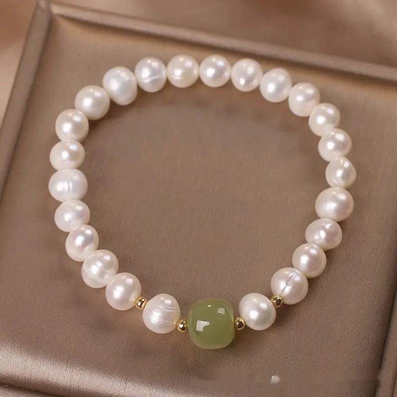 Elegant Pearl and Jade Charm Bracelet
