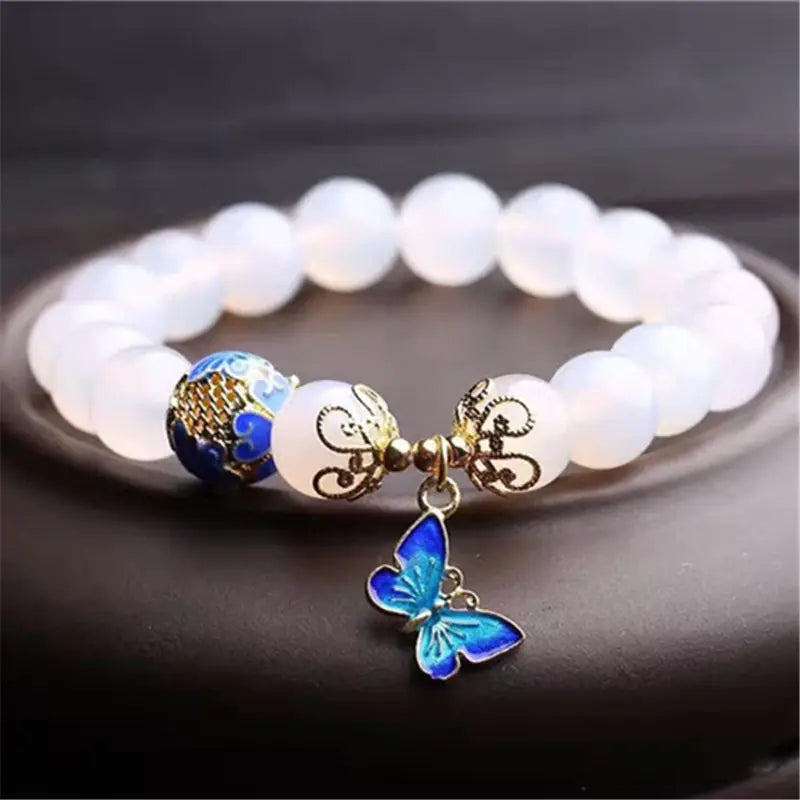 Elegant White Agate & Butterfly Bracelet