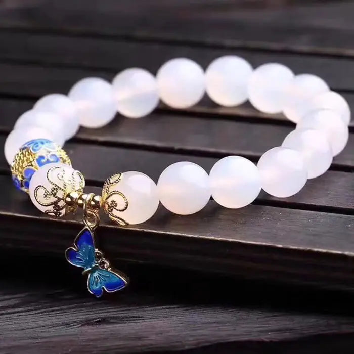 Elegant White Agate & Butterfly Bracelet