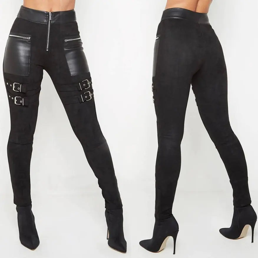Chic Black Leather Stitched Trousers